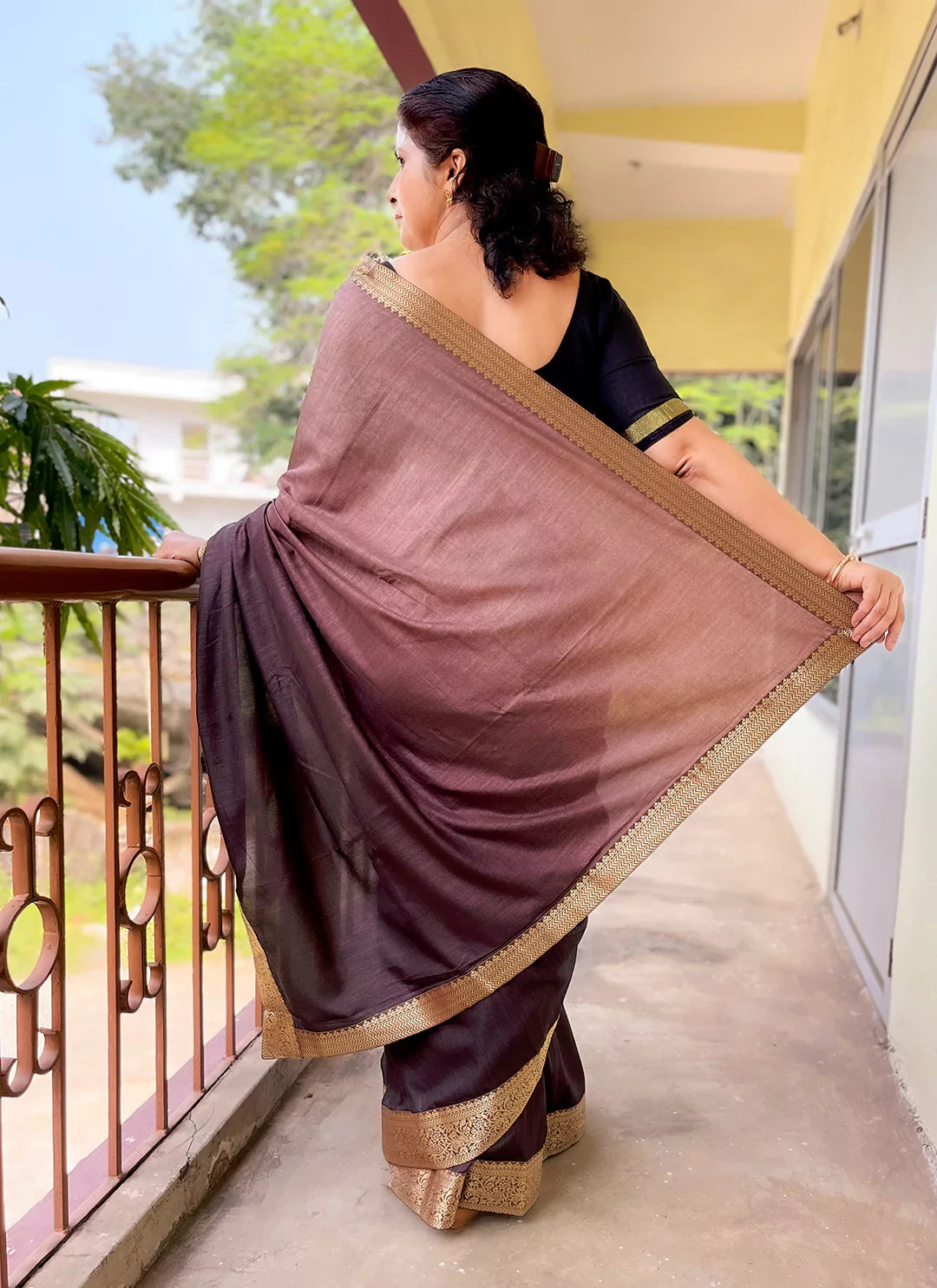 Taupe To Brown Ombre Dyed Soft Vichitra Silk Saree - TREEVESTO