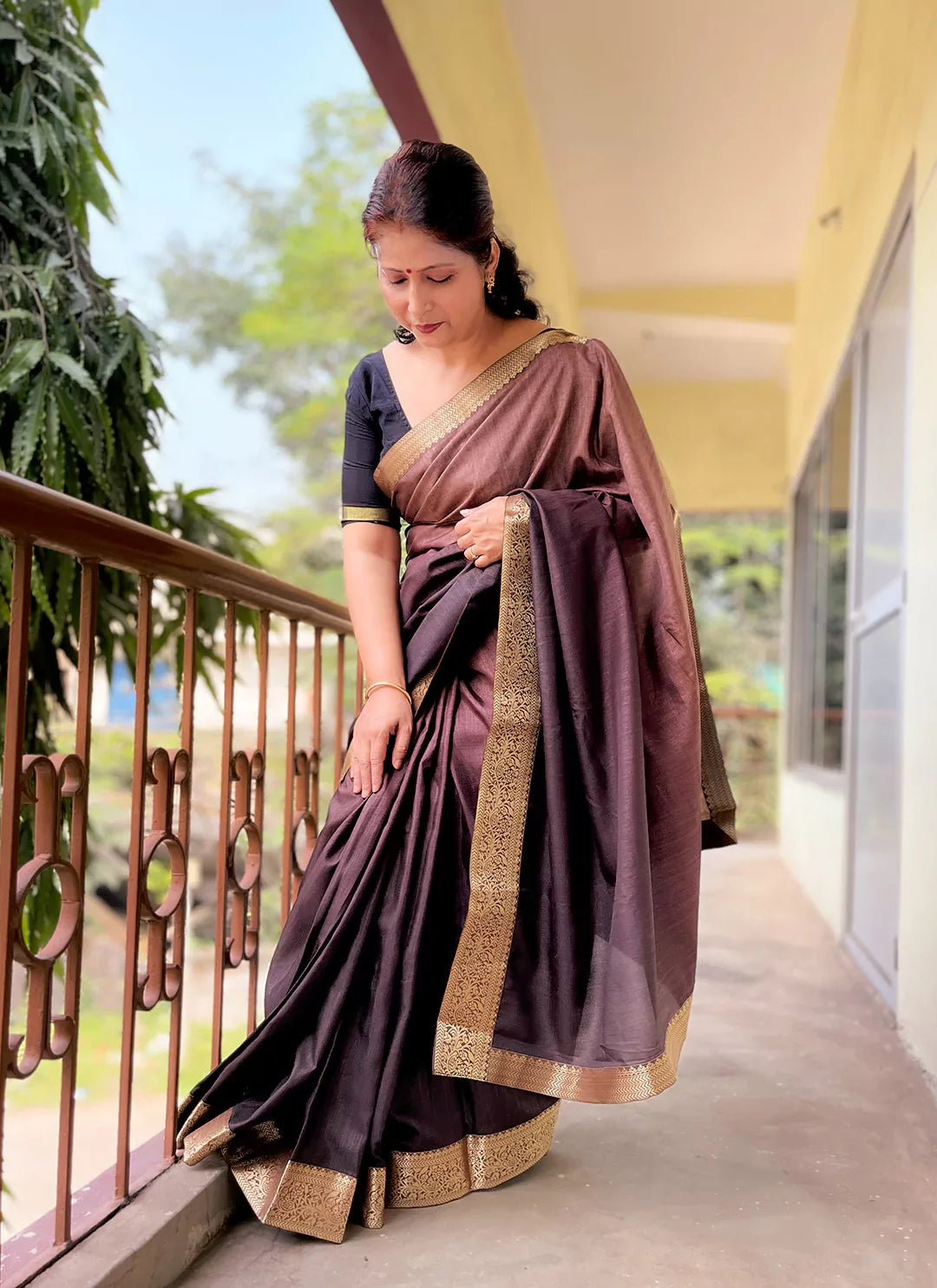 Taupe To Brown Ombre Dyed Soft Vichitra Silk Saree - TREEVESTO