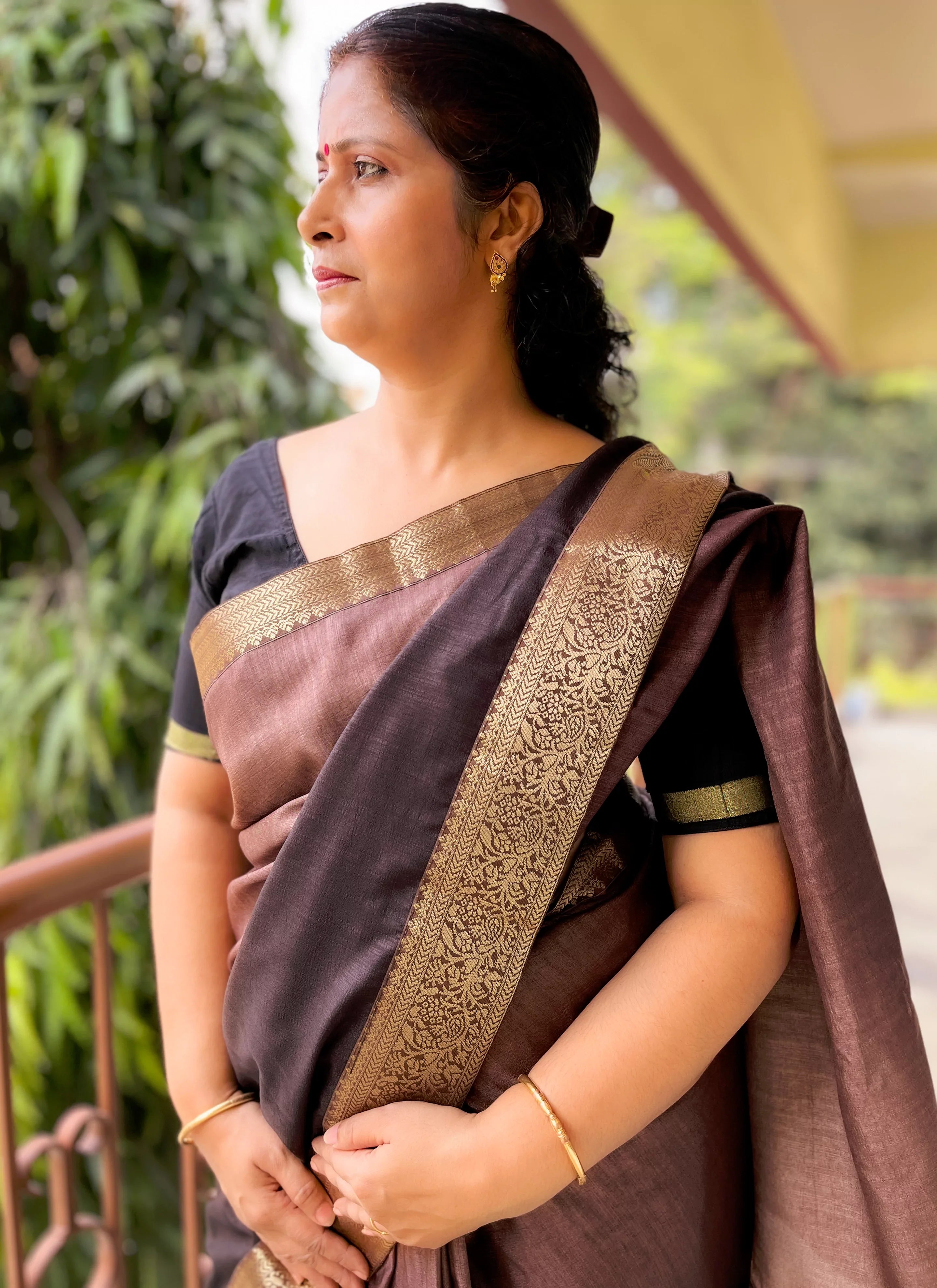 Taupe To Brown Ombre Dyed Soft Vichitra Silk Saree - TREEVESTO