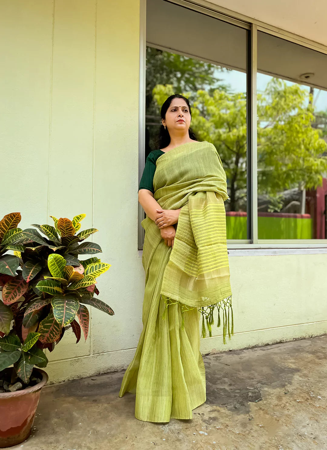 Tea Green Eri/Ahimsa Silk Saree - TREEVESTO