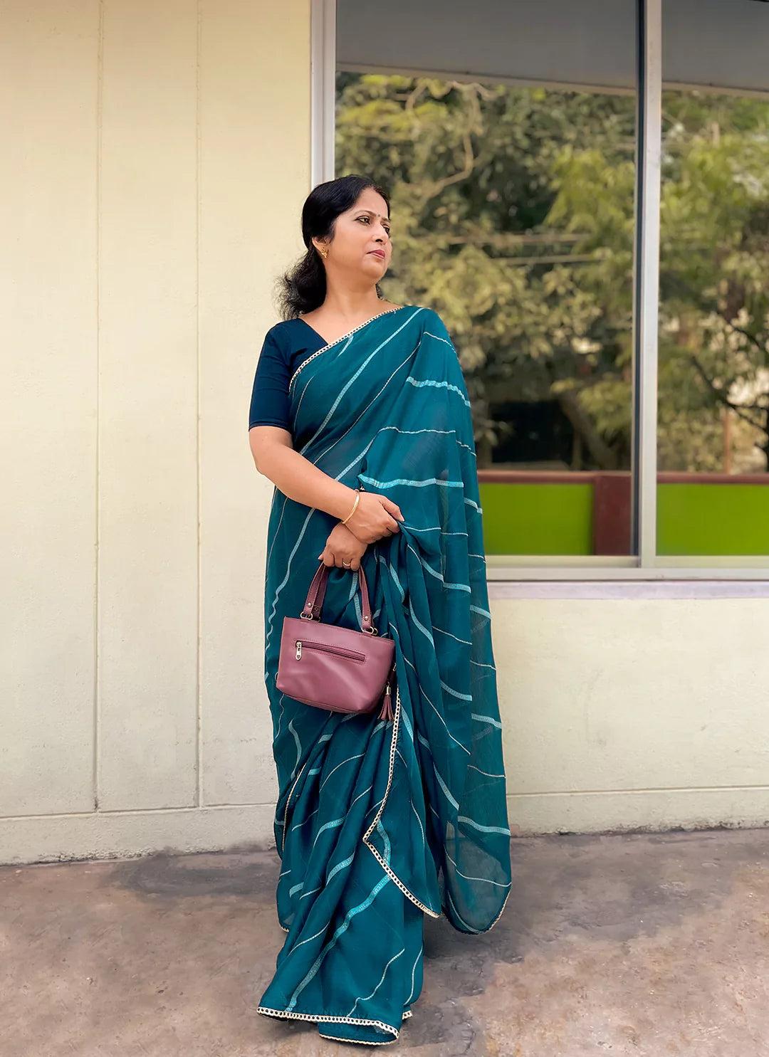Teal Blue Moss Chiffon Leheriya Saree - TREEVESTO