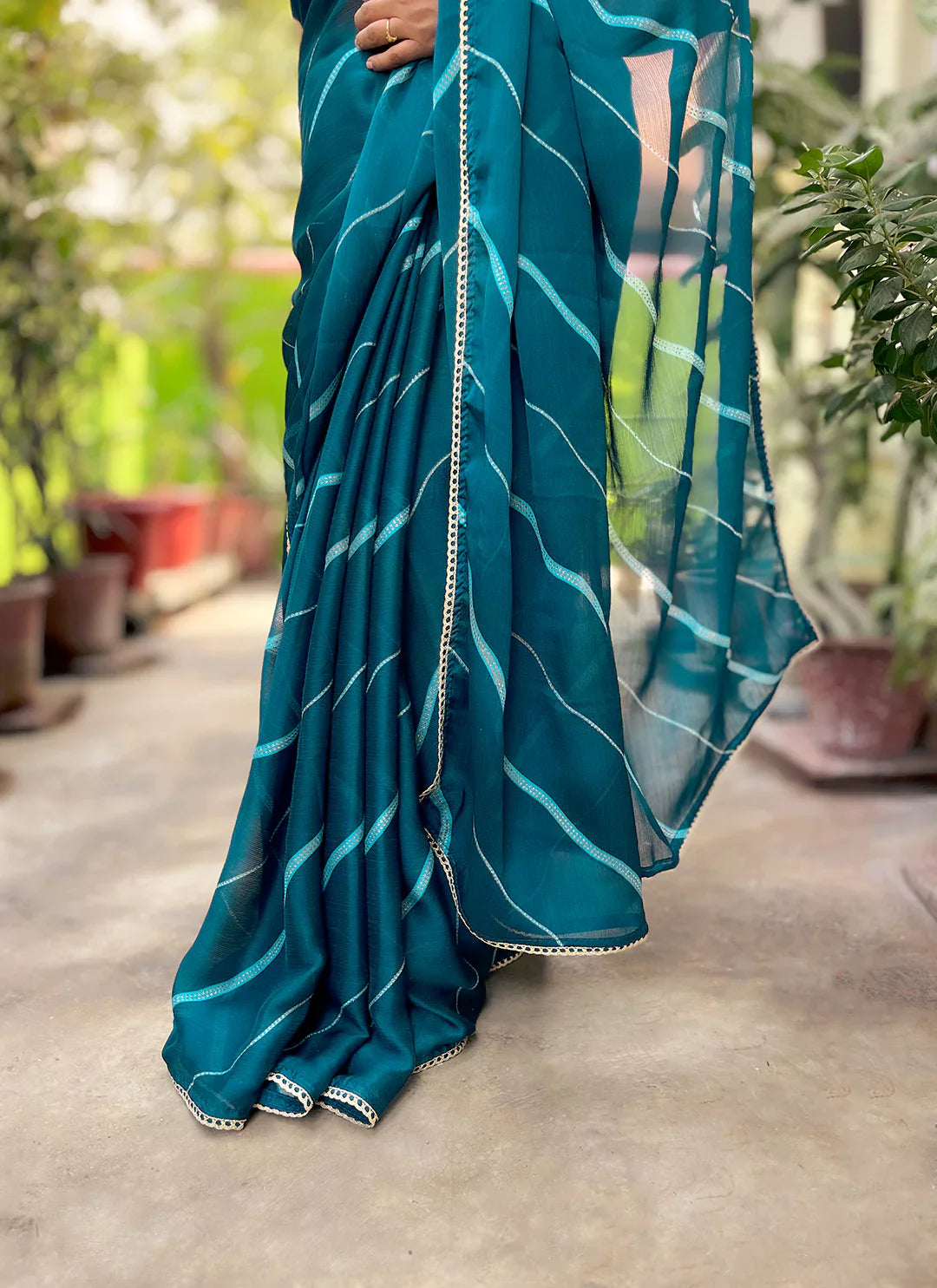 Teal Blue Moss Chiffon Leheriya Saree - TREEVESTO