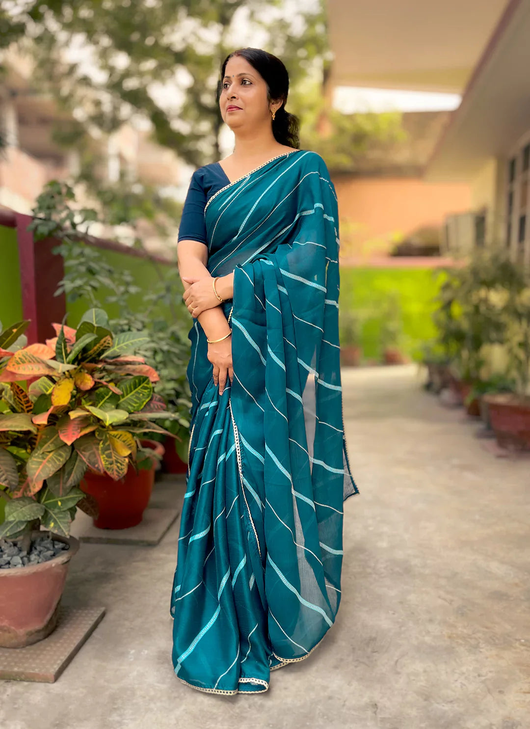 Teal Blue Moss Chiffon Leheriya Saree - TREEVESTO