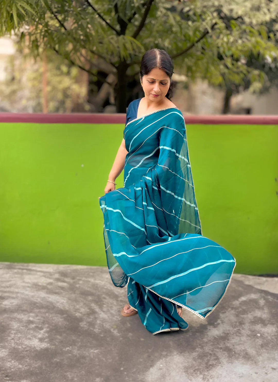 Teal Blue Moss Chiffon Leheriya Saree - TREEVESTO