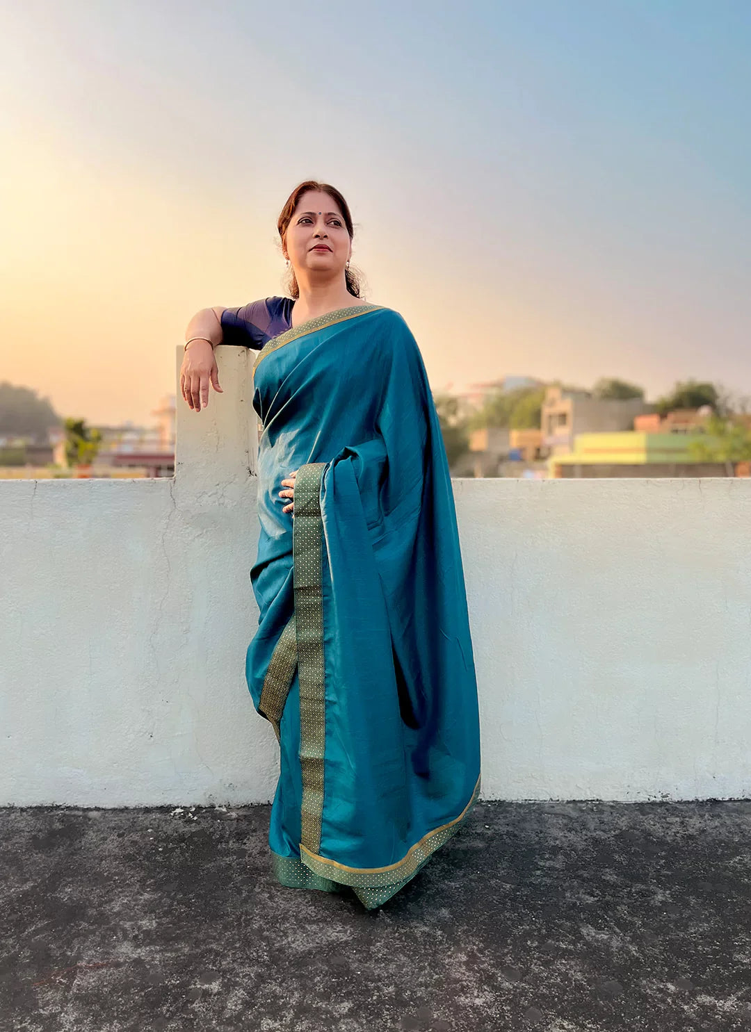 Teal Blue Dola Silk Plain Saree With Border - TREEVESTO
