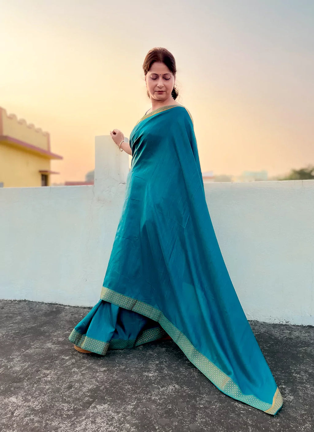Teal Blue Dola Silk Plain Saree With Border - TREEVESTO