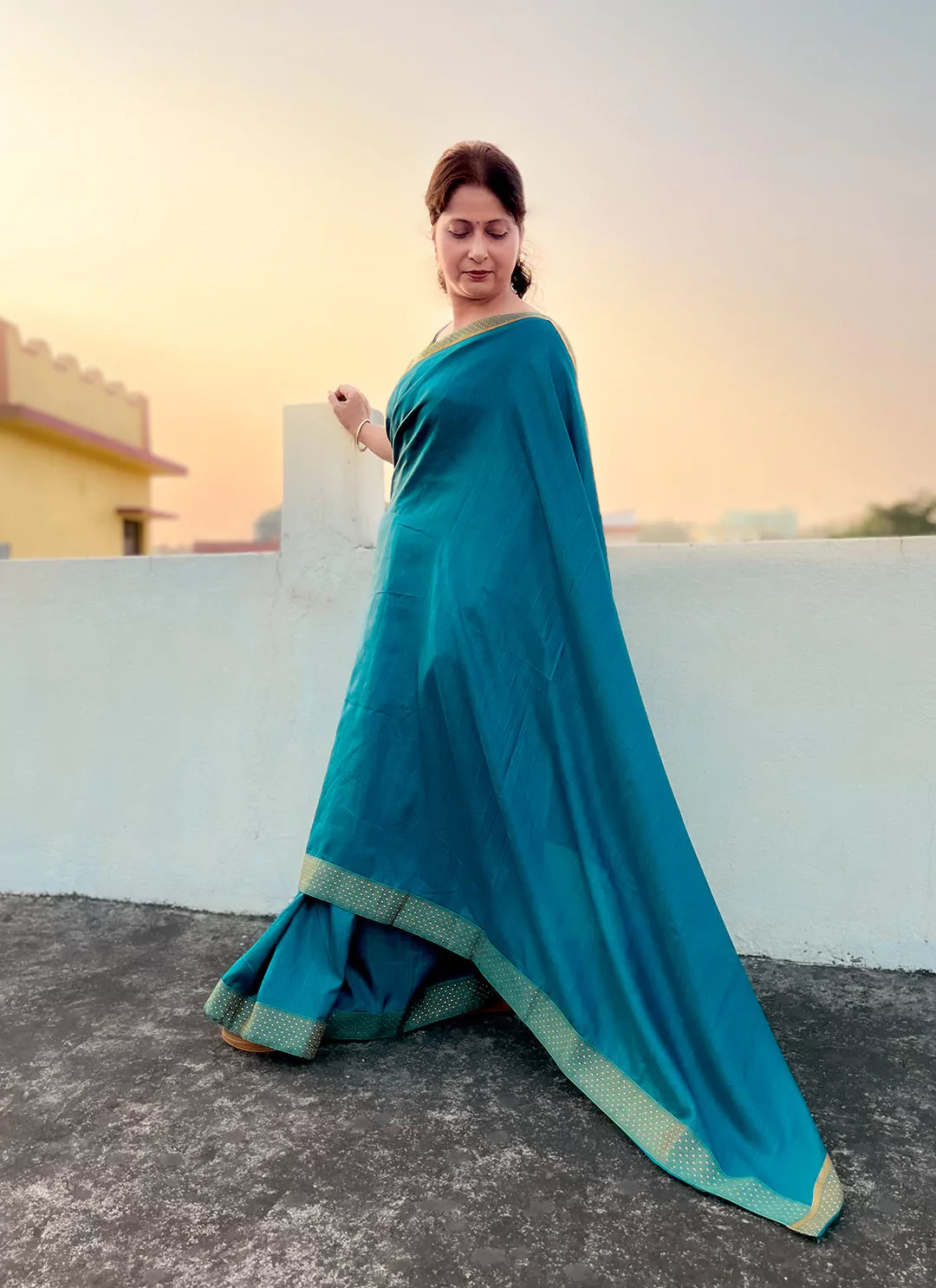 Teal Blue Dola Silk Plain Saree With Border - TREEVESTO