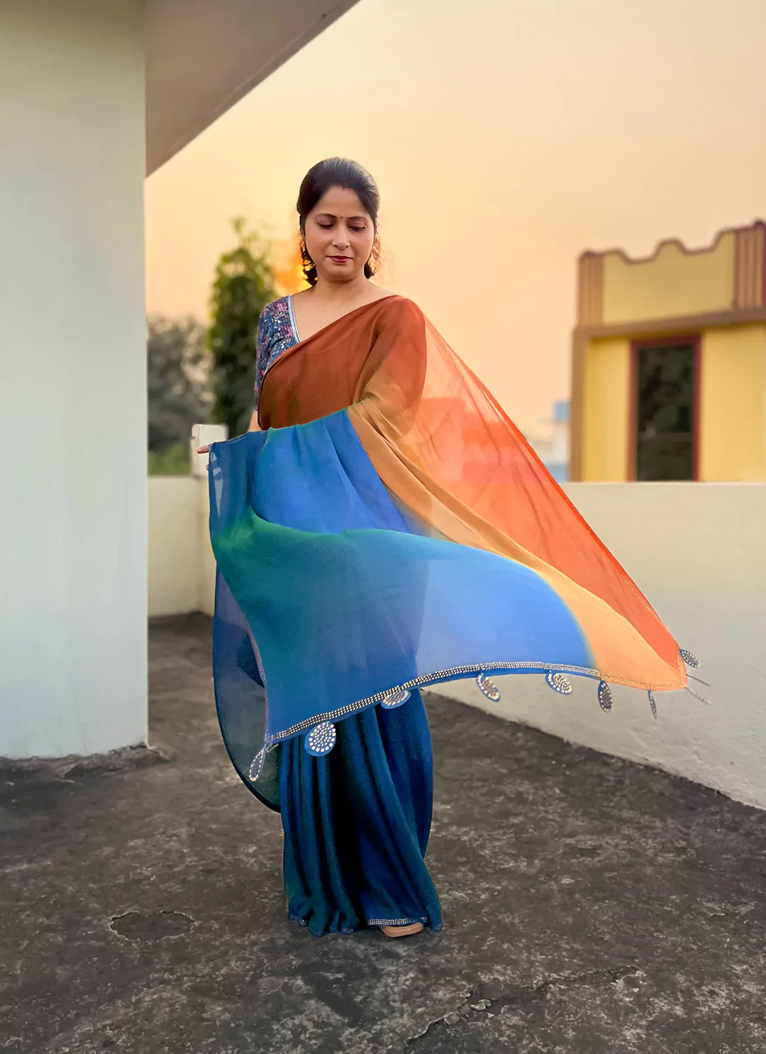 Teal Blue To Orange Ombre Dyed Soft Chiffon Silk Saree treevesto