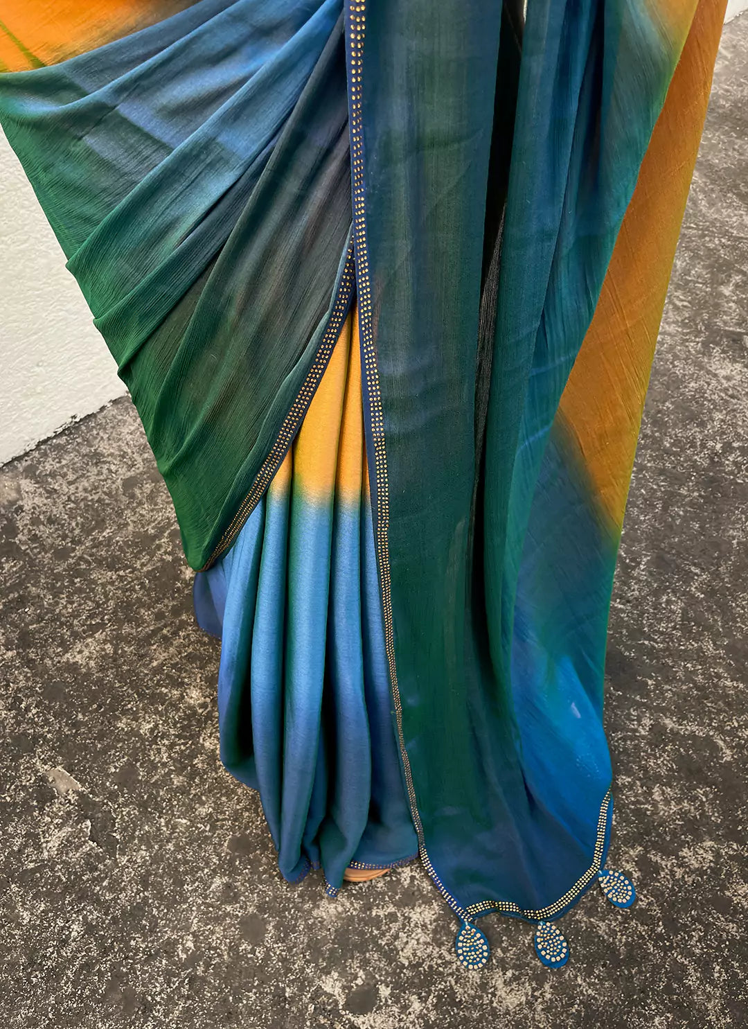 Teal Blue To Orange Ombre Dyed Soft Chiffon Silk Saree treevesto