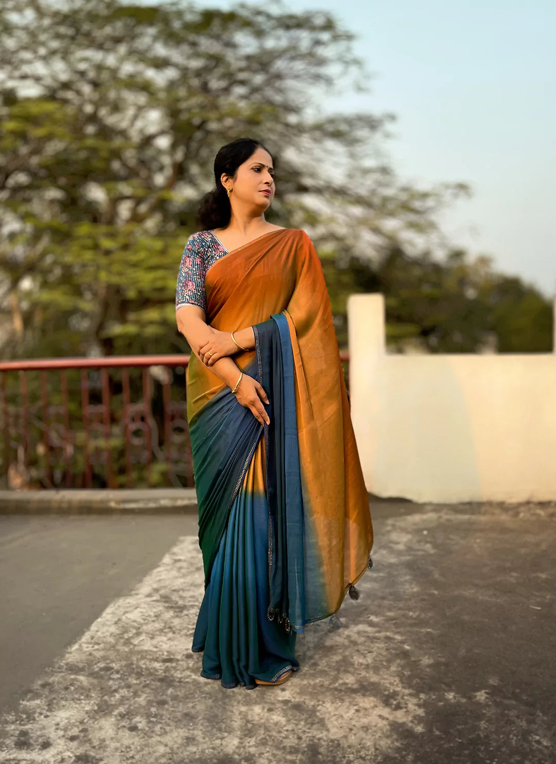 Teal Blue To Orange Ombre Dyed Soft Chiffon Silk Saree treevesto