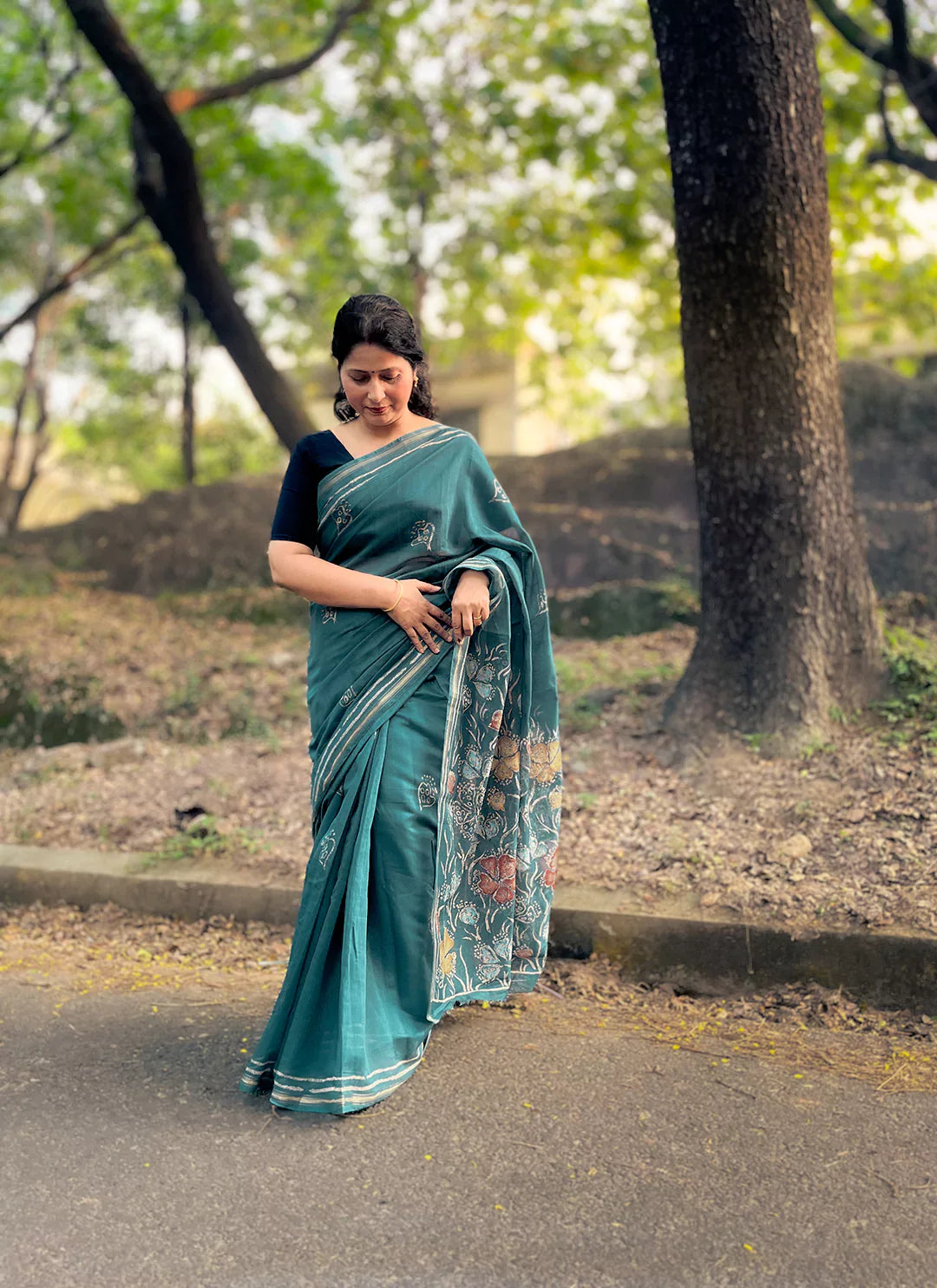 Teal Colored Chanderi Cotton Saree - TREEVESTO