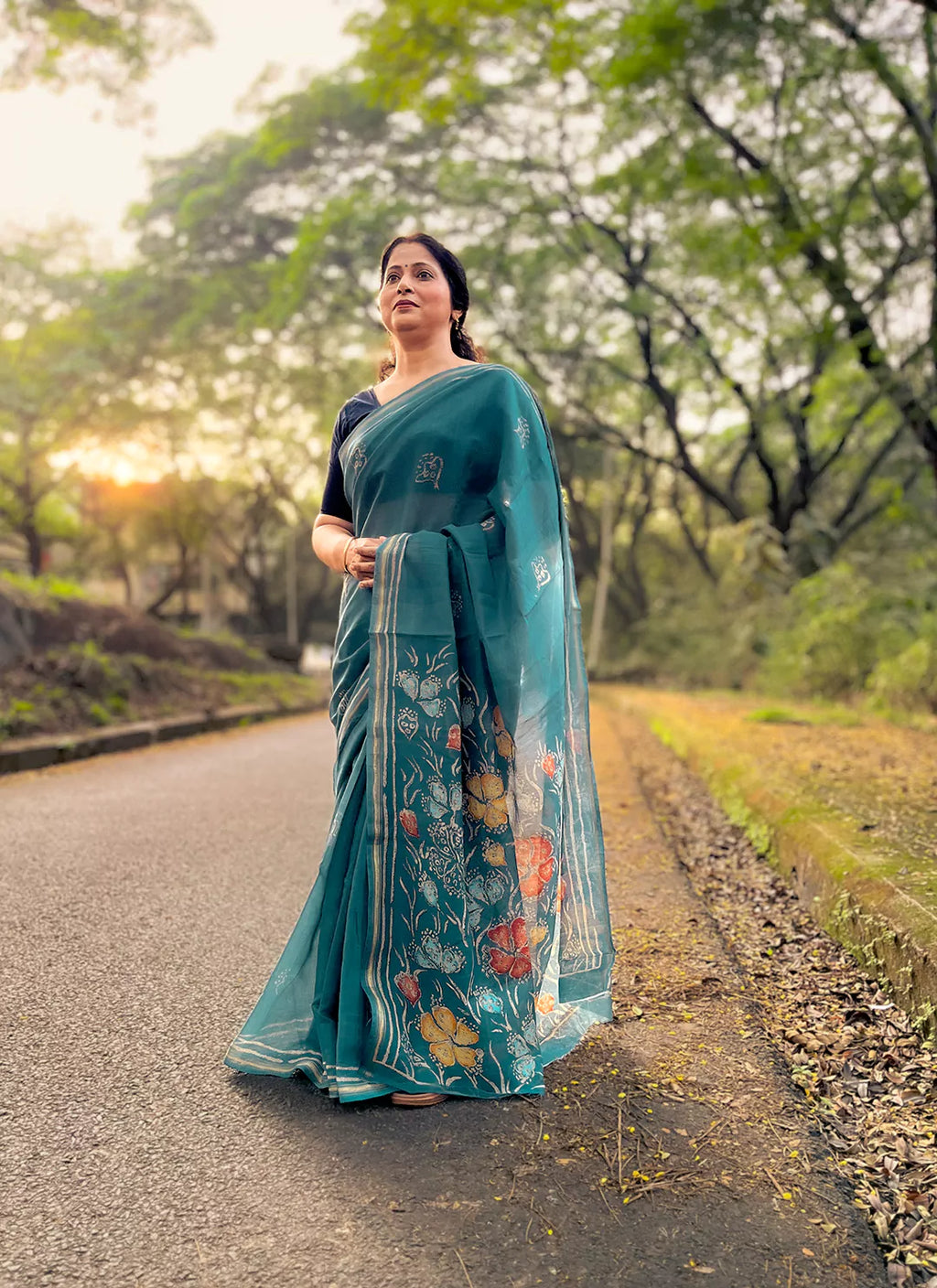 Teal Colored Chanderi Cotton Saree - TREEVESTO