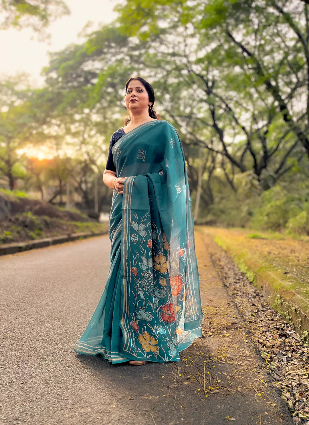 Teal Colored Chanderi Cotton Saree - TREEVESTO