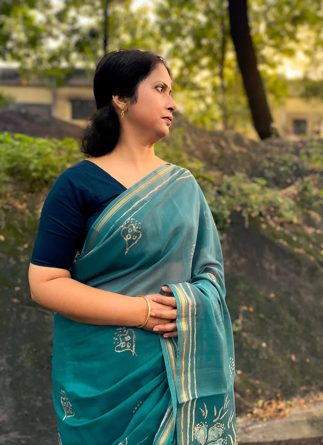 Teal Colored Chanderi Cotton Saree - TREEVESTO
