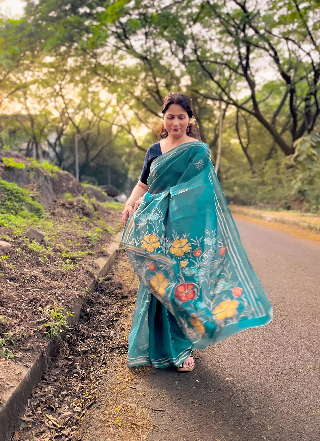 Teal Colored Chanderi Cotton Saree - TREEVESTO