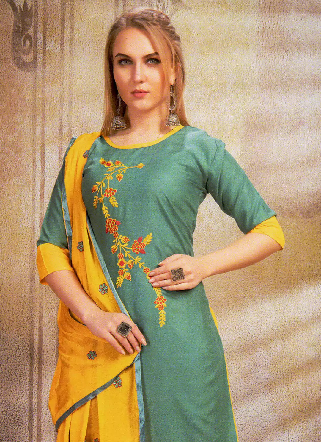 Teal Green Kurta & Yellow Palazzo Suit Set With Dupatta treevesto