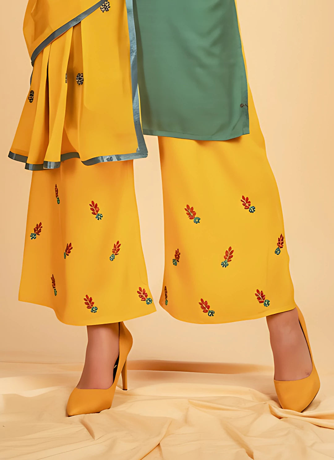 Teal Green Kurta & Yellow Palazzo Suit Set With Dupatta  TREEVESTO