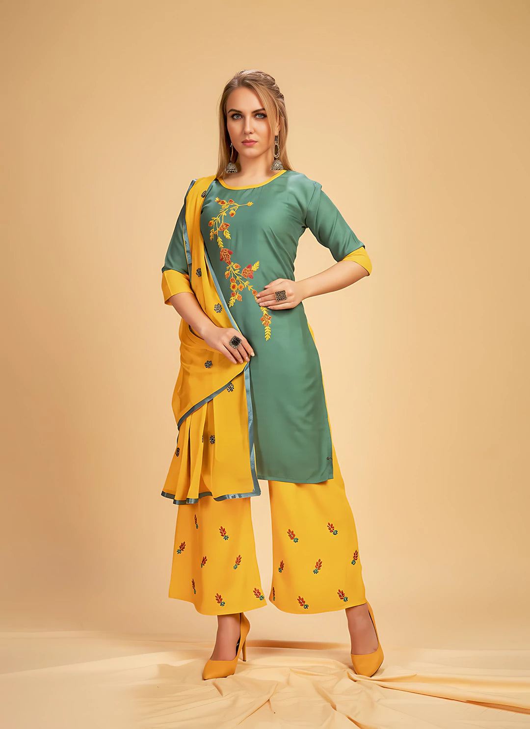Teal Green Kurta & Yellow Palazzo Suit Set With Dupatta  TREEVESTO