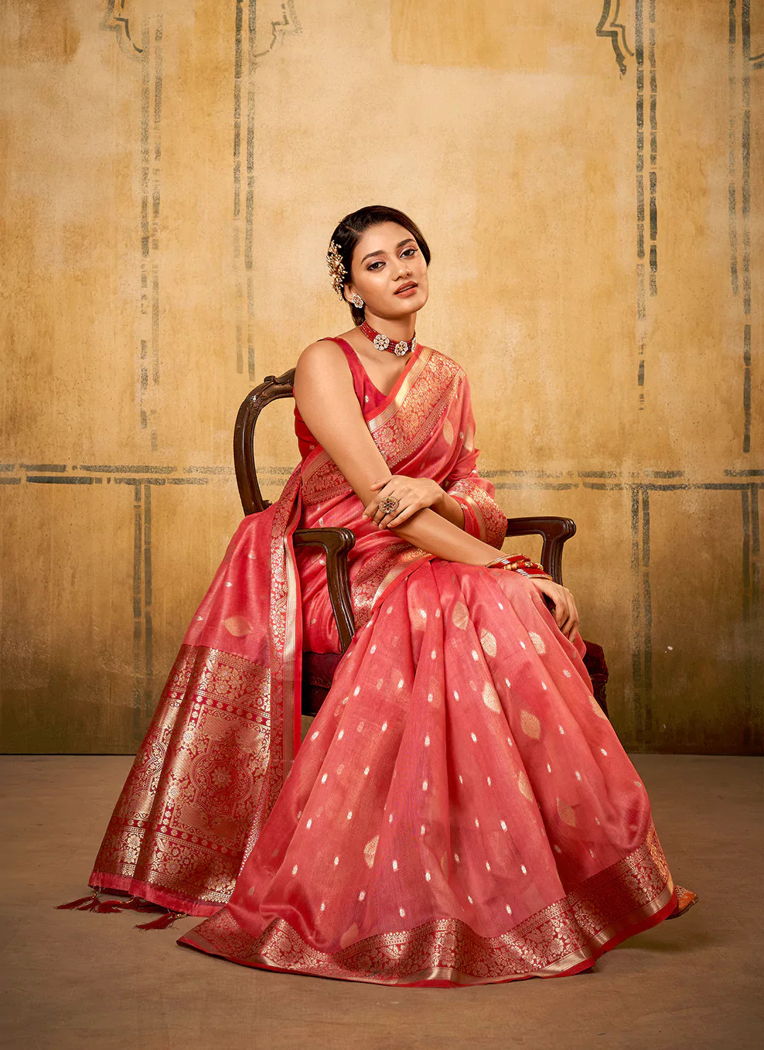 Watermelon Pink Tissue Banarasi Silk Saree treevesto