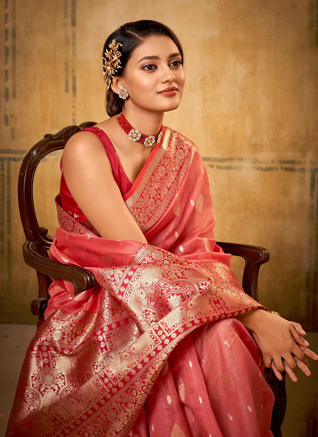 Watermelon Pink Tissue Banarasi Silk Saree treevesto