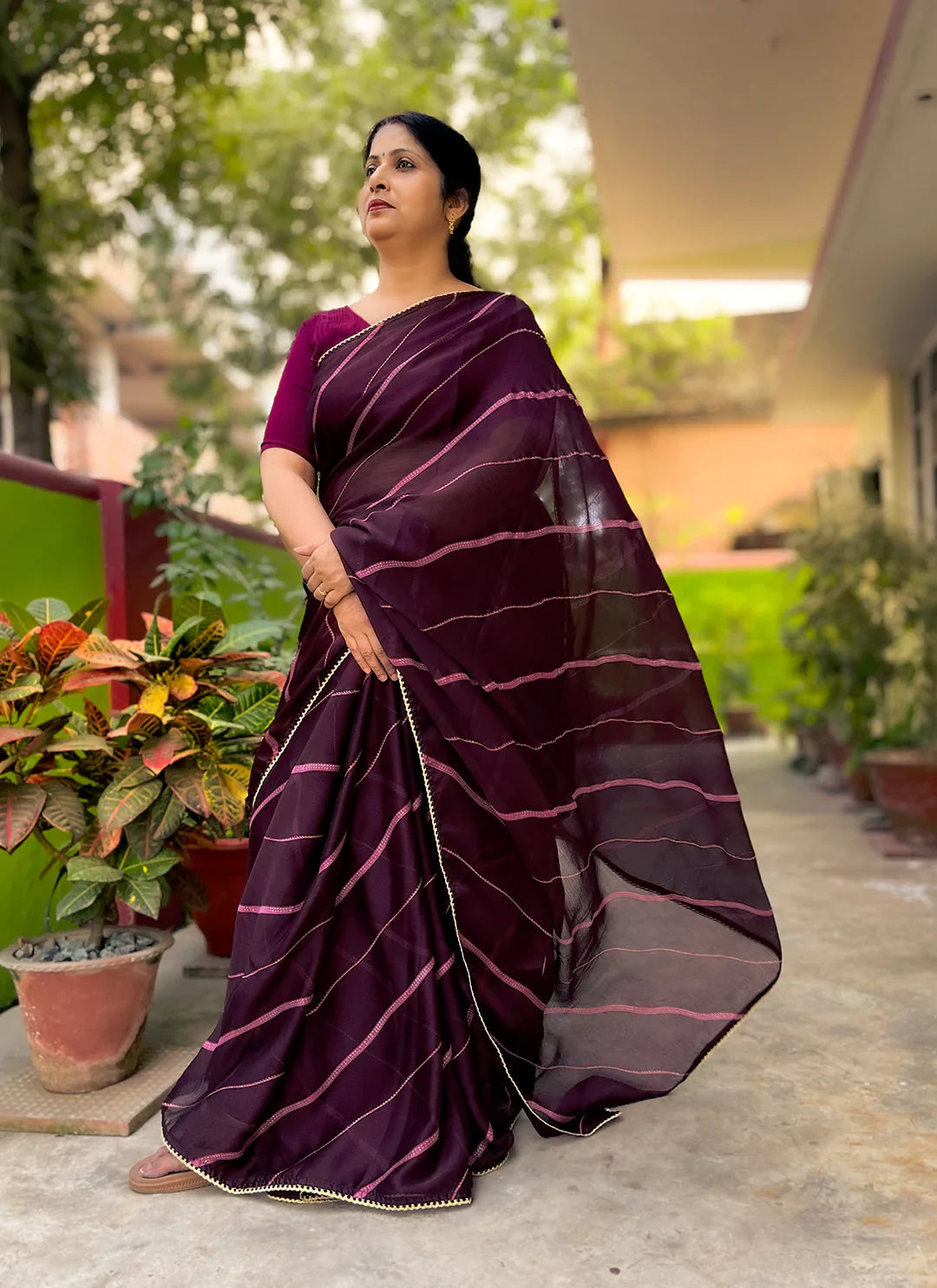 Wine Purple Moss Chiffon Leheriya Saree - TREEVESTO