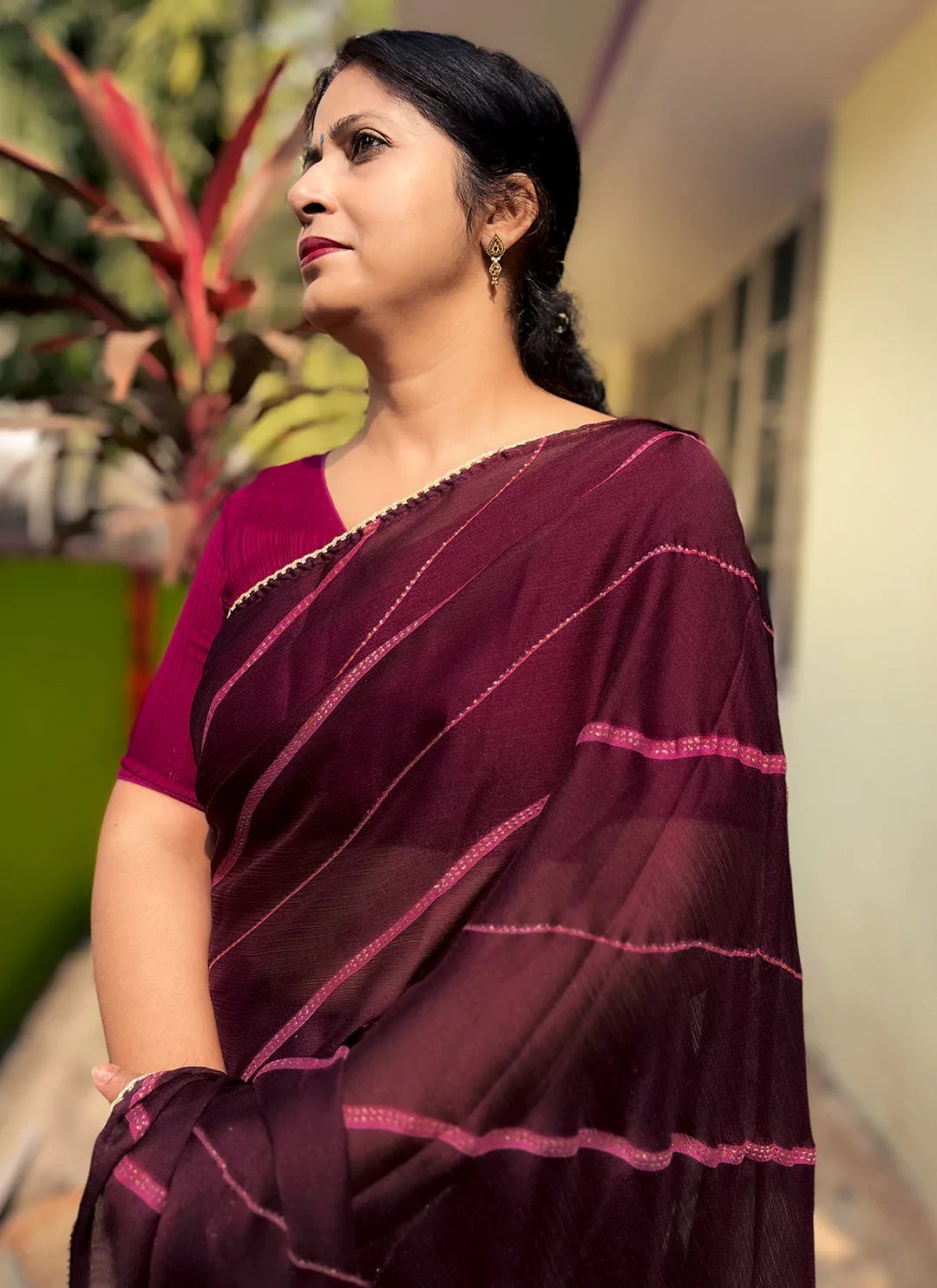 Wine Purple Moss Chiffon Leheriya Saree - TREEVESTO