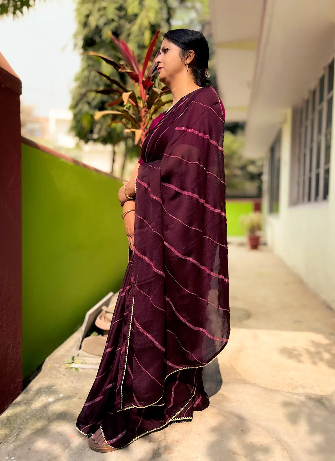 Wine Purple Moss Chiffon Leheriya Saree - TREEVESTO