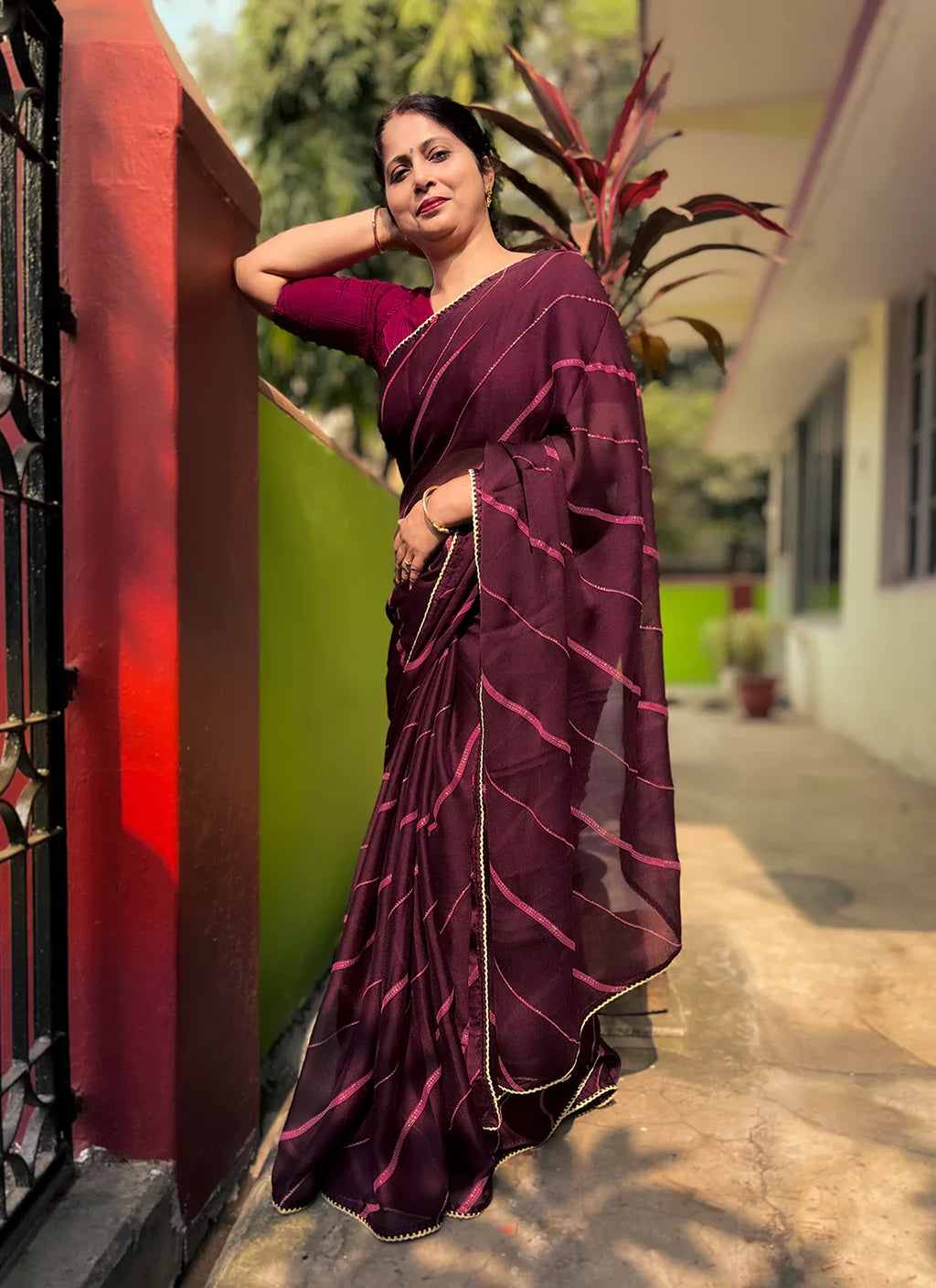 Wine Purple Moss Chiffon Leheriya Saree - TREEVESTO