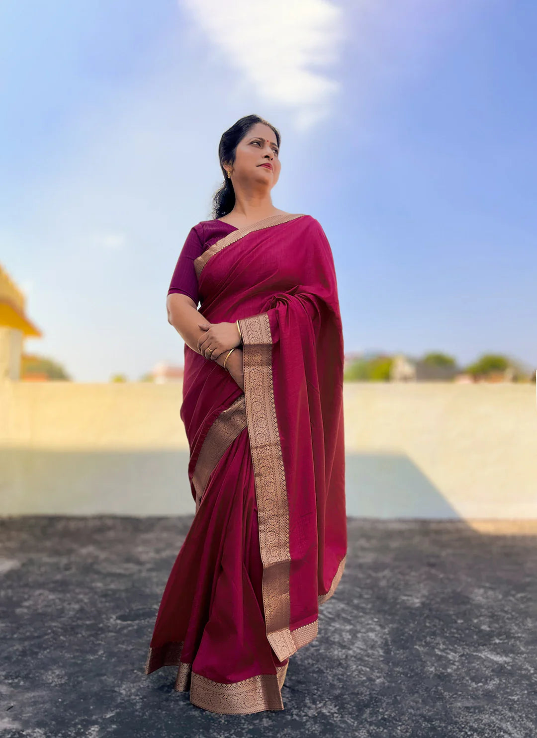 Wine Purple Soft Vichitra Silk Saree With Zari Border - TREEVESTO