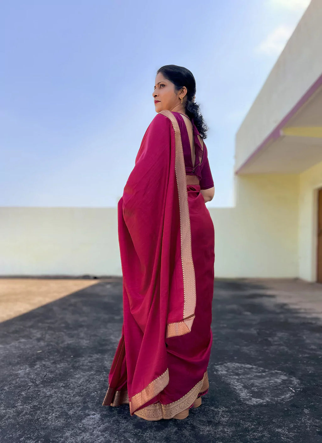 Wine Purple Soft Vichitra Silk Saree With Zari Border - TREEVESTO