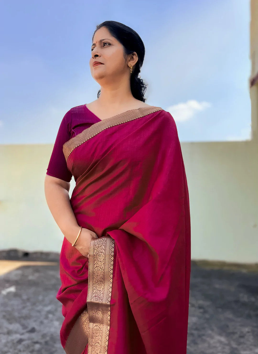 Wine Purple Soft Vichitra Silk Saree With Zari Border - TREEVESTO