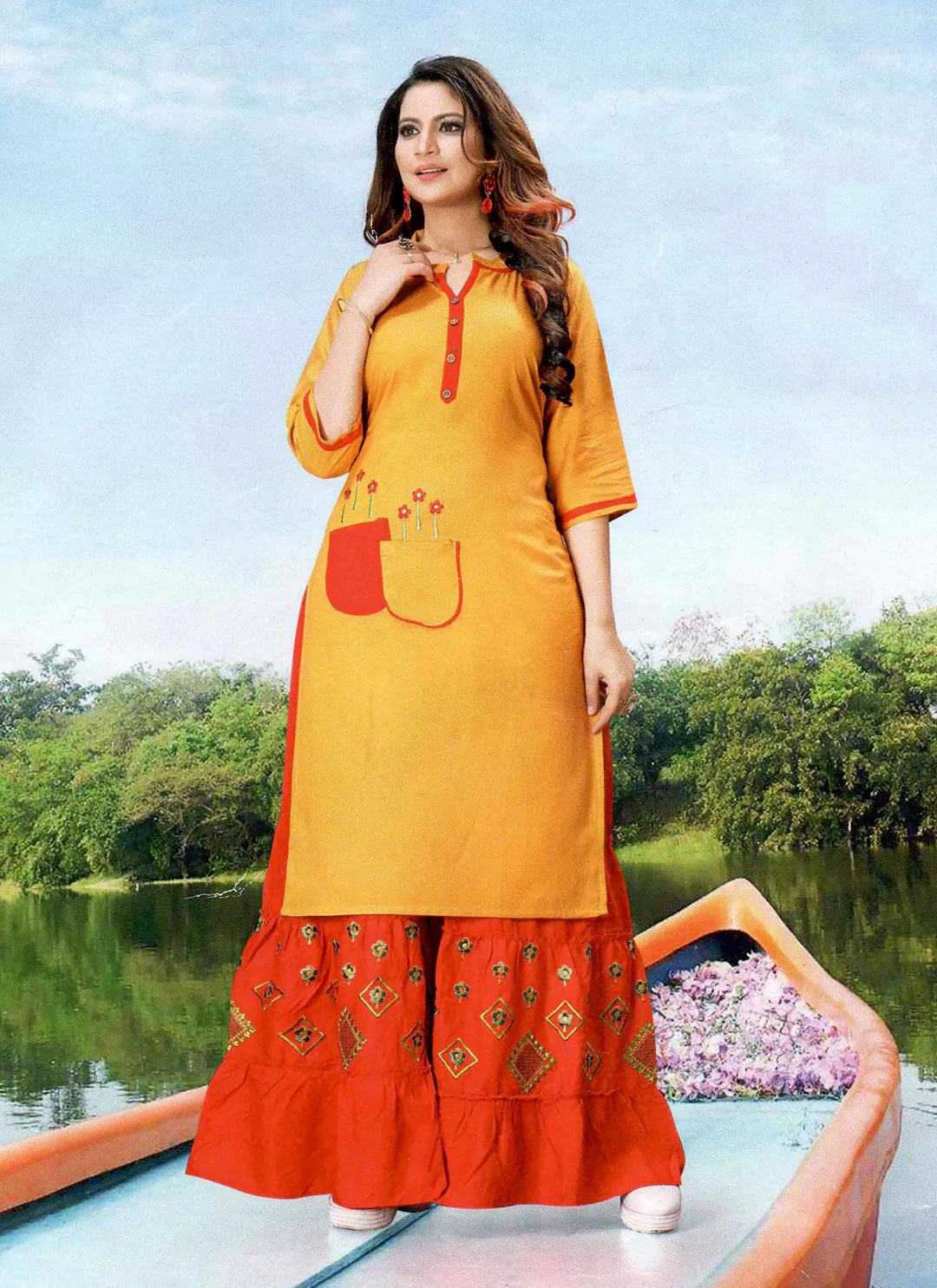Yellow Kurta With Red Sharara Set treevesto