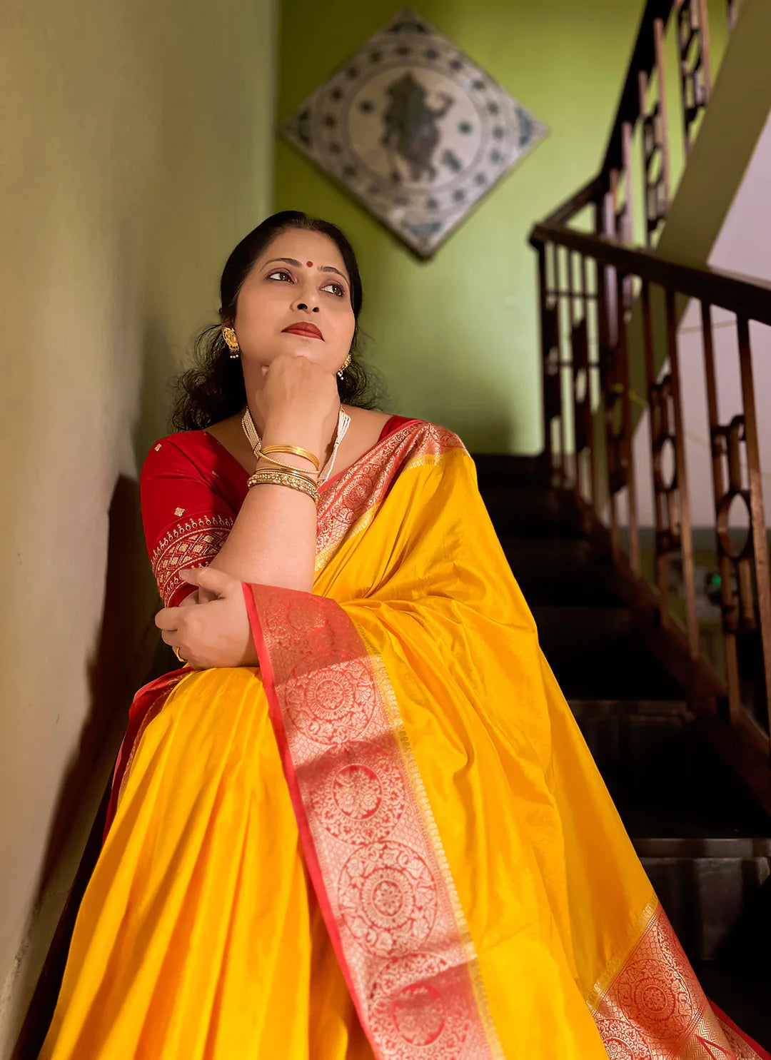 Yellow Plain Pure Dola Silk Saree With Red Border & Pallu - TREEVESTO