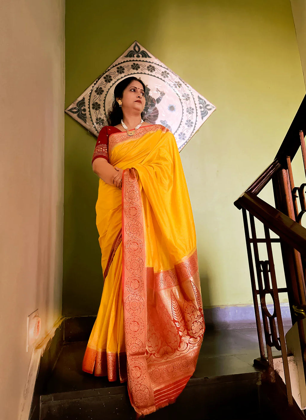 Yellow Plain Pure Dola Silk Saree With Red Border & Pallu - TREEVESTO