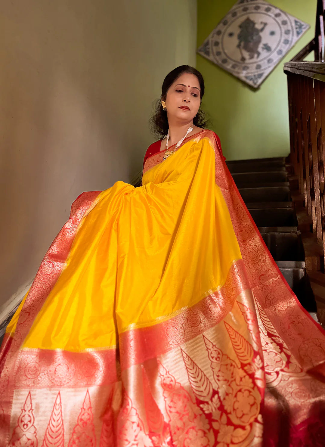 Yellow Plain Pure Dola Silk Saree With Red Border & Pallu - TREEVESTO