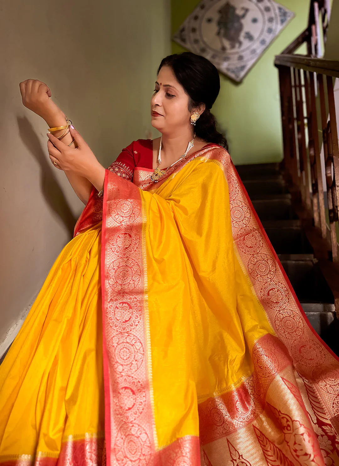Yellow Plain Pure Dola Silk Saree With Red Border & Pallu - TREEVESTO
