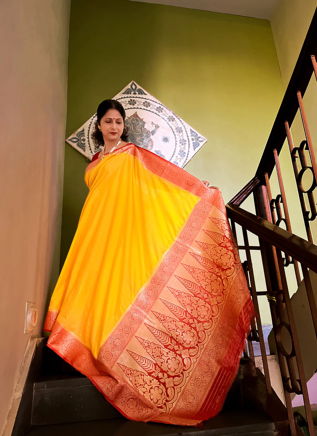 Yellow Plain Pure Dola Silk Saree With Red Border & Pallu - TREEVESTO