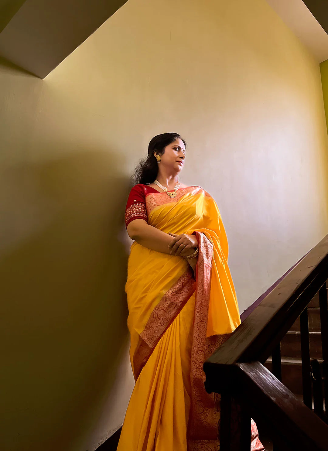 Yellow Plain Pure Dola Silk Saree With Red Border & Pallu - TREEVESTO