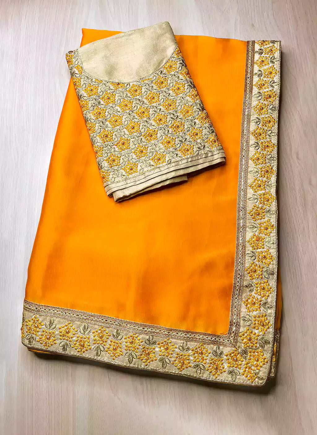 Orangish Yellow Plain Rangoli Saree with Designer Blouse & Border - TREEVESTO