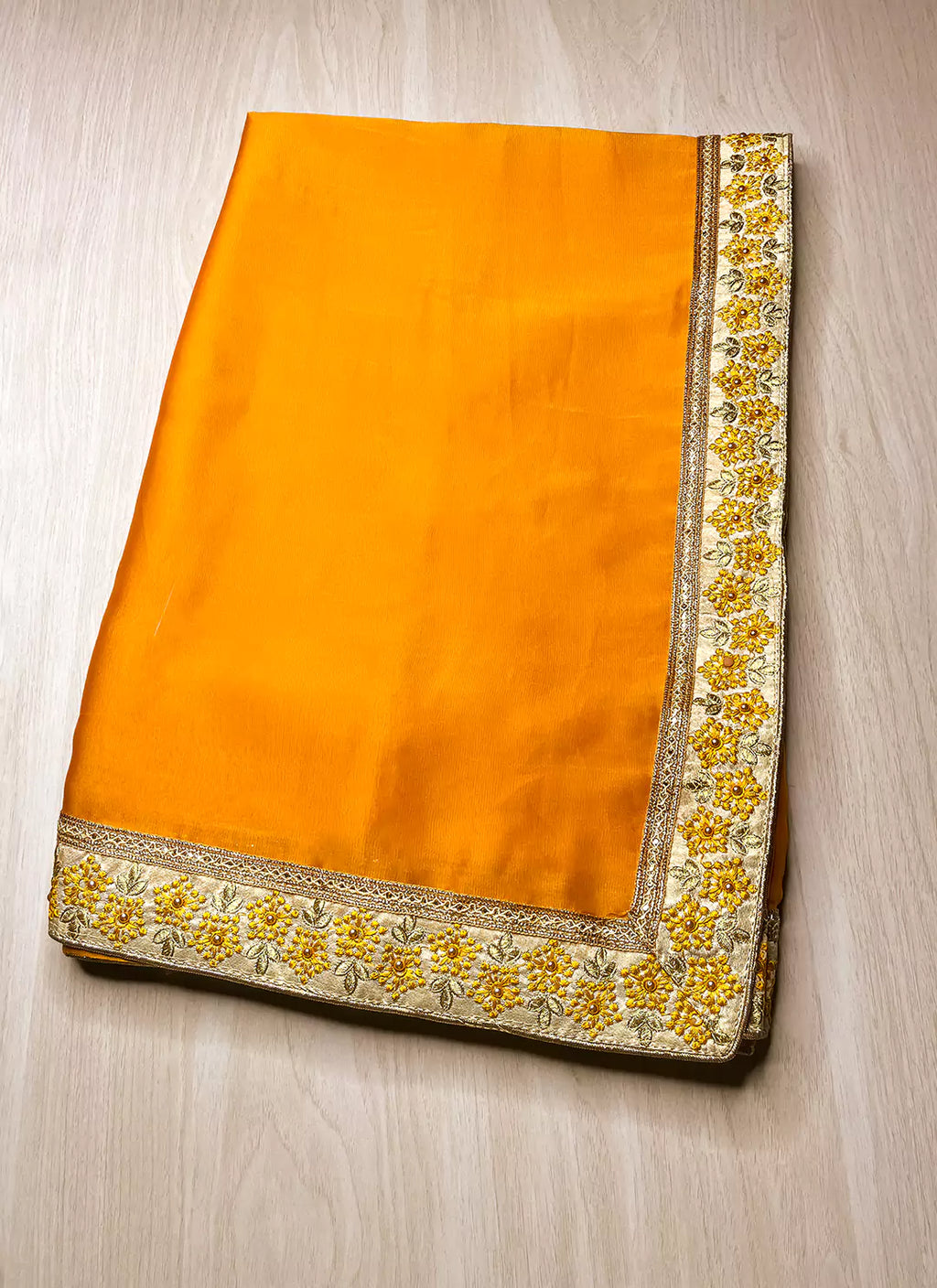 Orangish Yellow Plain Rangoli Saree with Designer Blouse & Border - TREEVESTO
