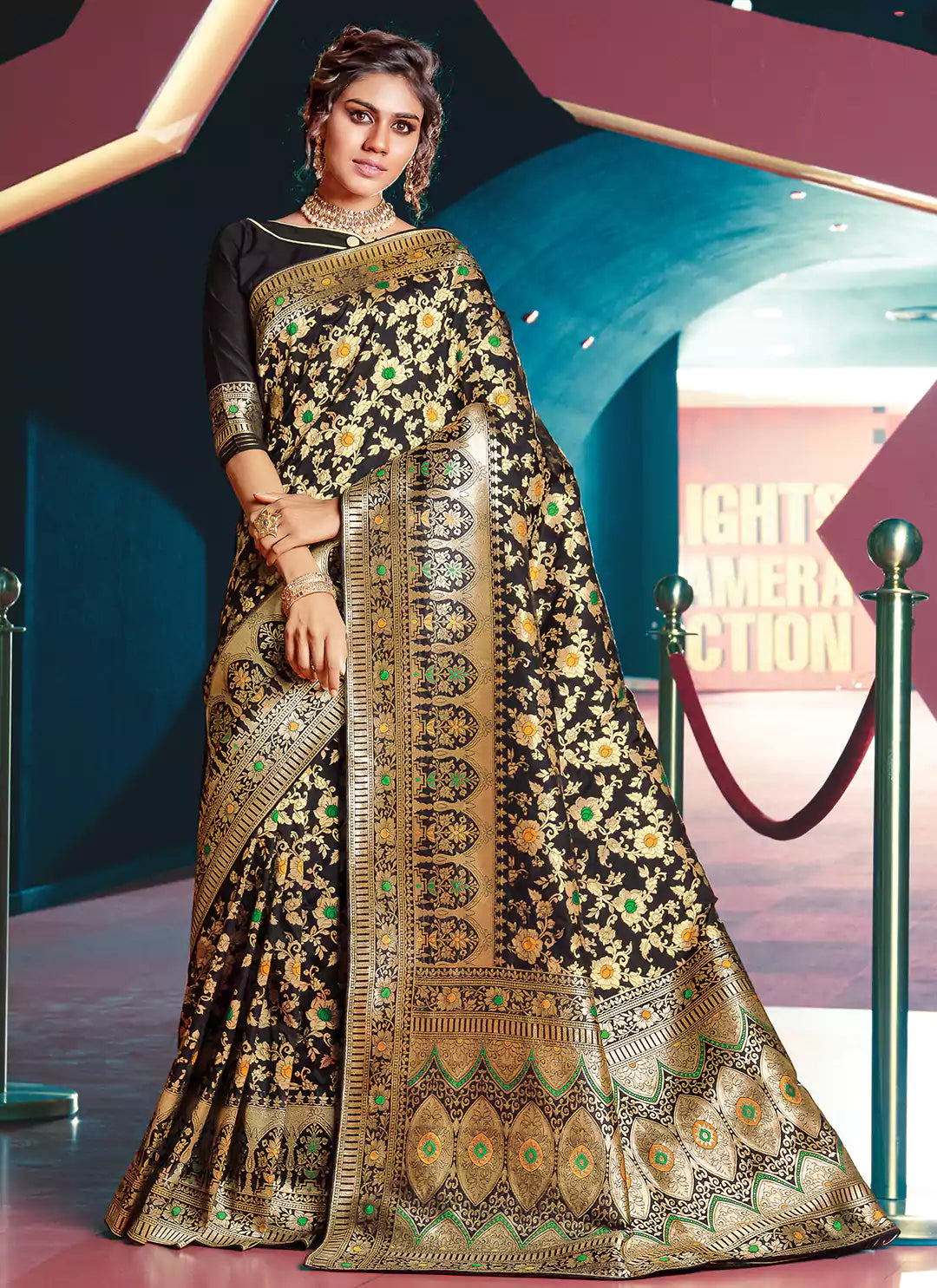 Zari & Meenakari Worked Black Silk Saree - TREEVESTO