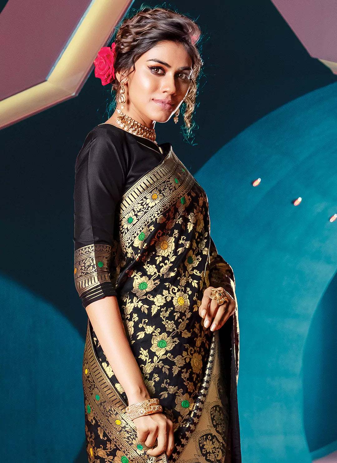 Zari & Meenakari Worked Black Silk Saree - TREEVESTO