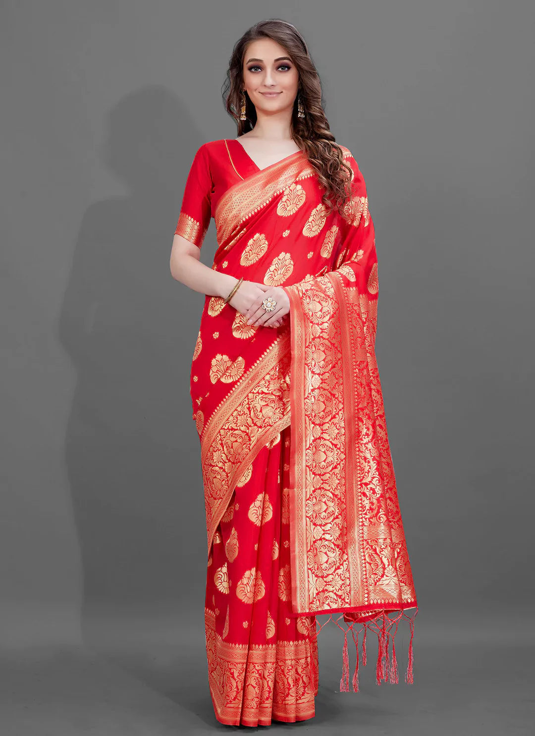 Zari Worked Red Soft Banarasi Silk Saree With Broad Zari Border - TREEVESTO