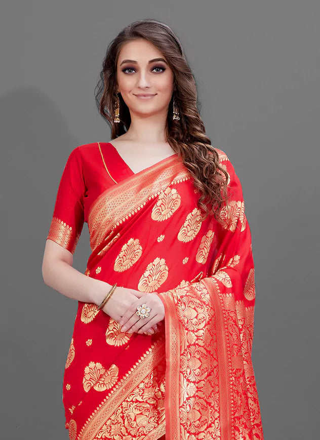 Zari Worked Red Soft Banarasi Silk Saree With Broad Zari Border - TREEVESTO