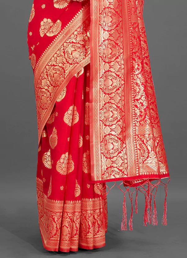 Zari Worked Red Soft Banarasi Silk Saree With Broad Zari Border - TREEVESTO