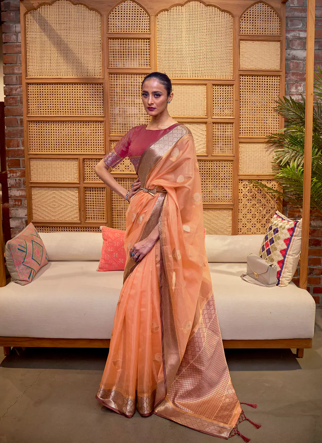Zari Worked Peach Colored Tissue Organza Saree - TREEVESTO