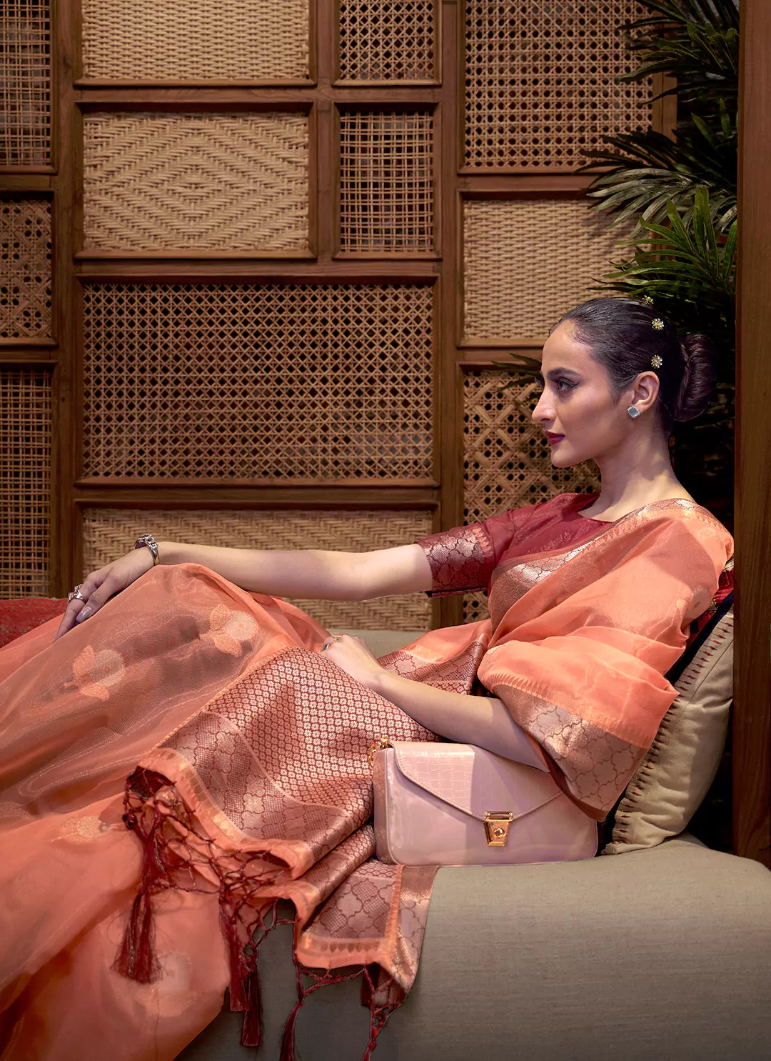 Zari Worked Peach Colored Tissue Organza Saree - TREEVESTO