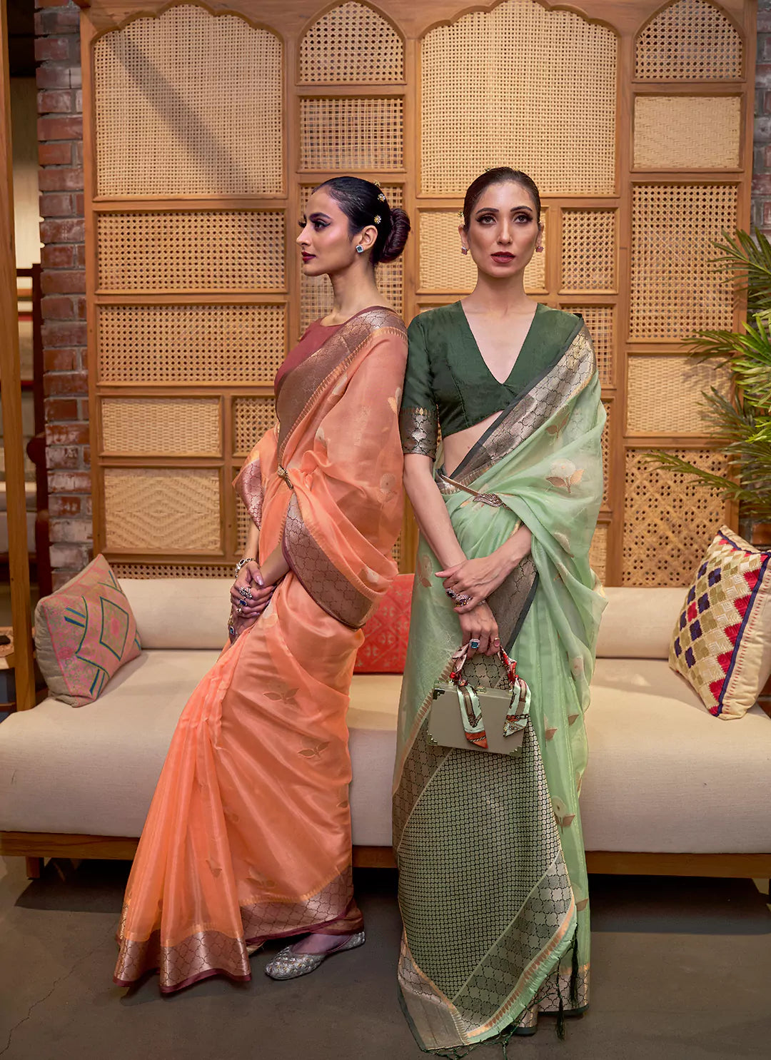 Zari Worked Peach Colored Tissue Organza Saree - TREEVESTO