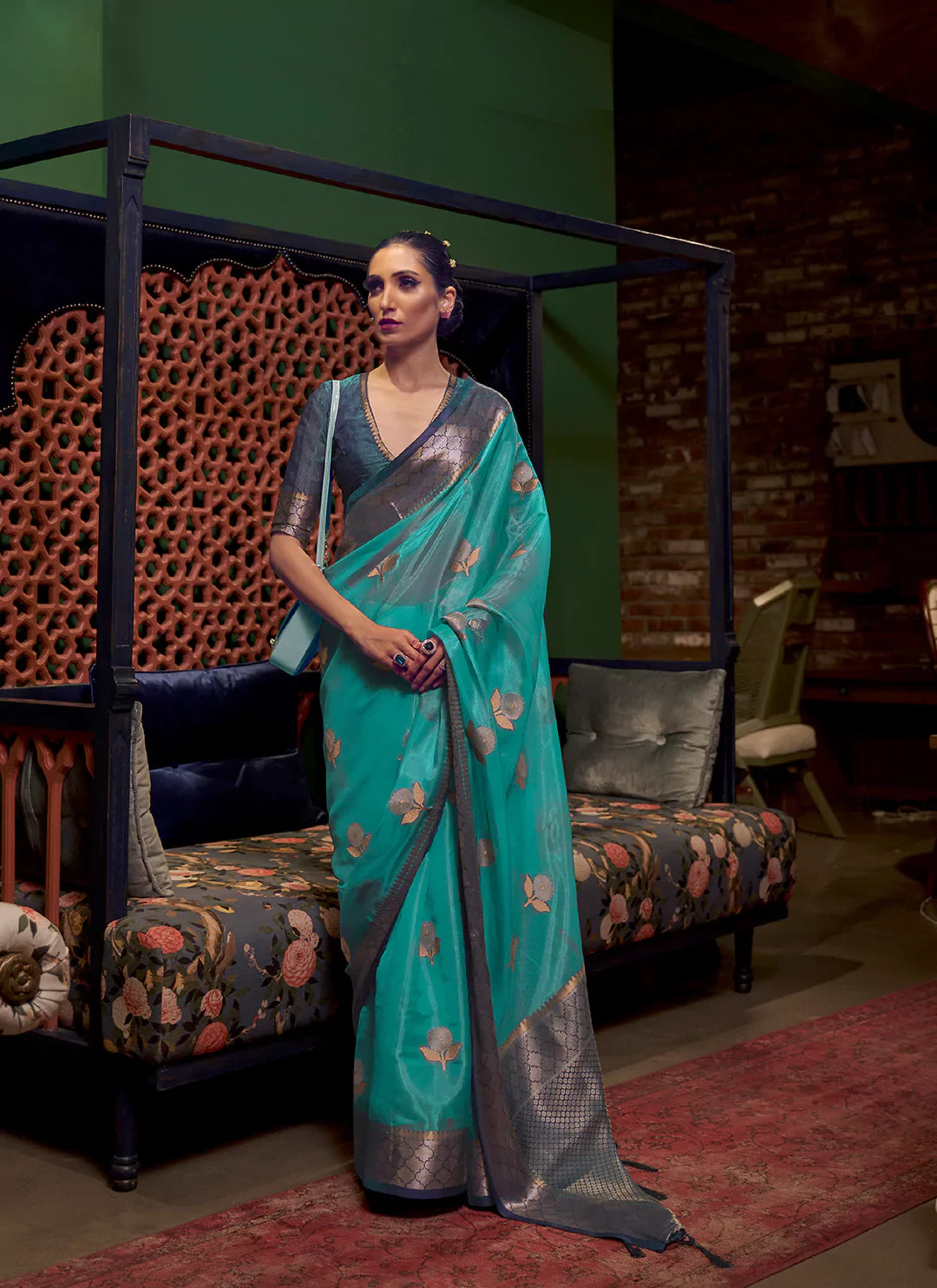 Zari Worked Rama Green Tissue Organza Saree - TREEVESTO