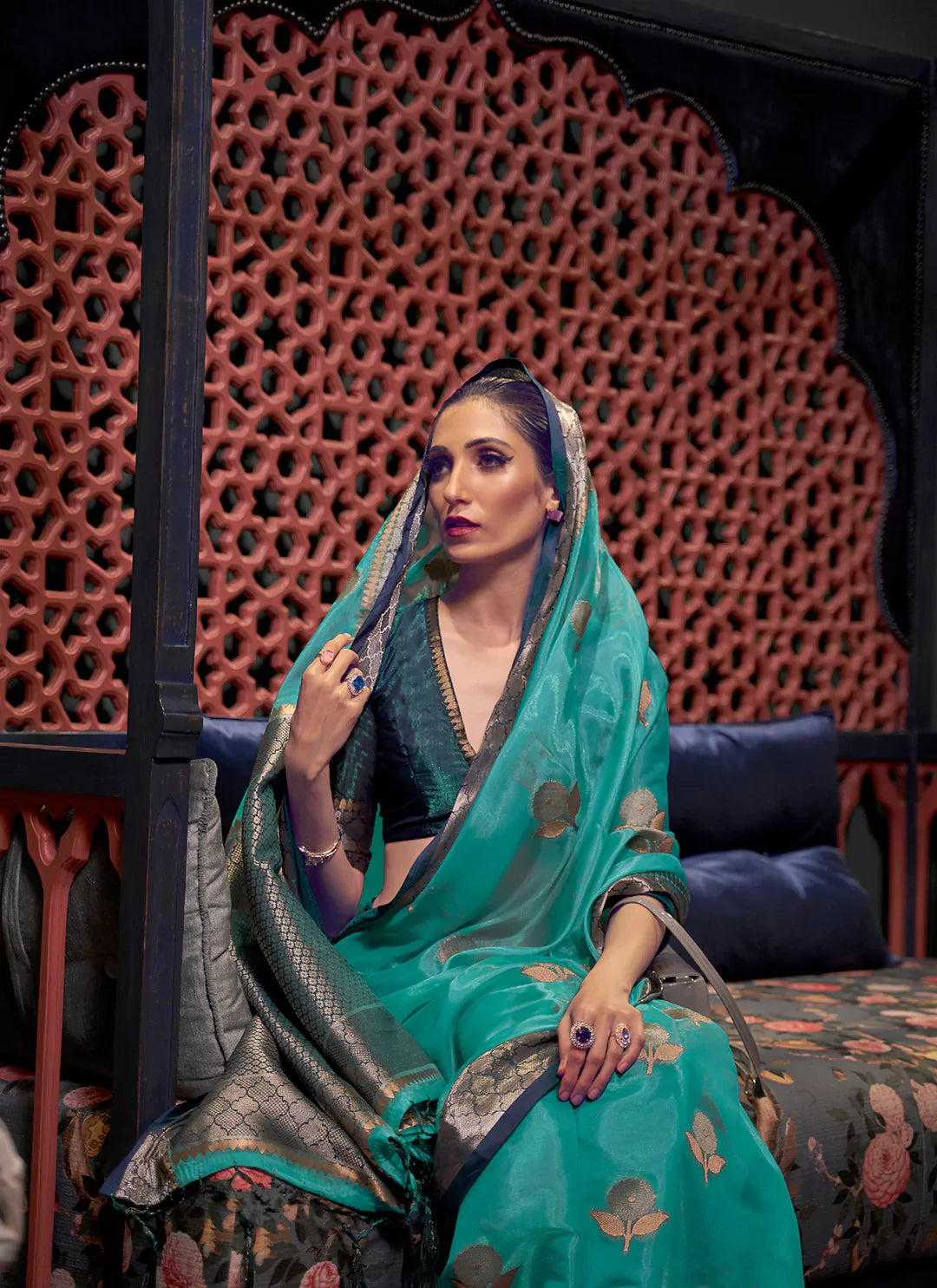 Zari Worked Rama Green Tissue Organza Saree - TREEVESTO